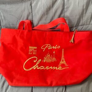 Paris charme red embroidered tote with Eiffel Tower charm see photos